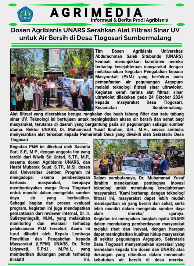 Dosen Agribisnis UNARS Serahkan Alat Filtrasi Sinar UV untuk Air Bersih di Desa Tlogosari Sumbermalang