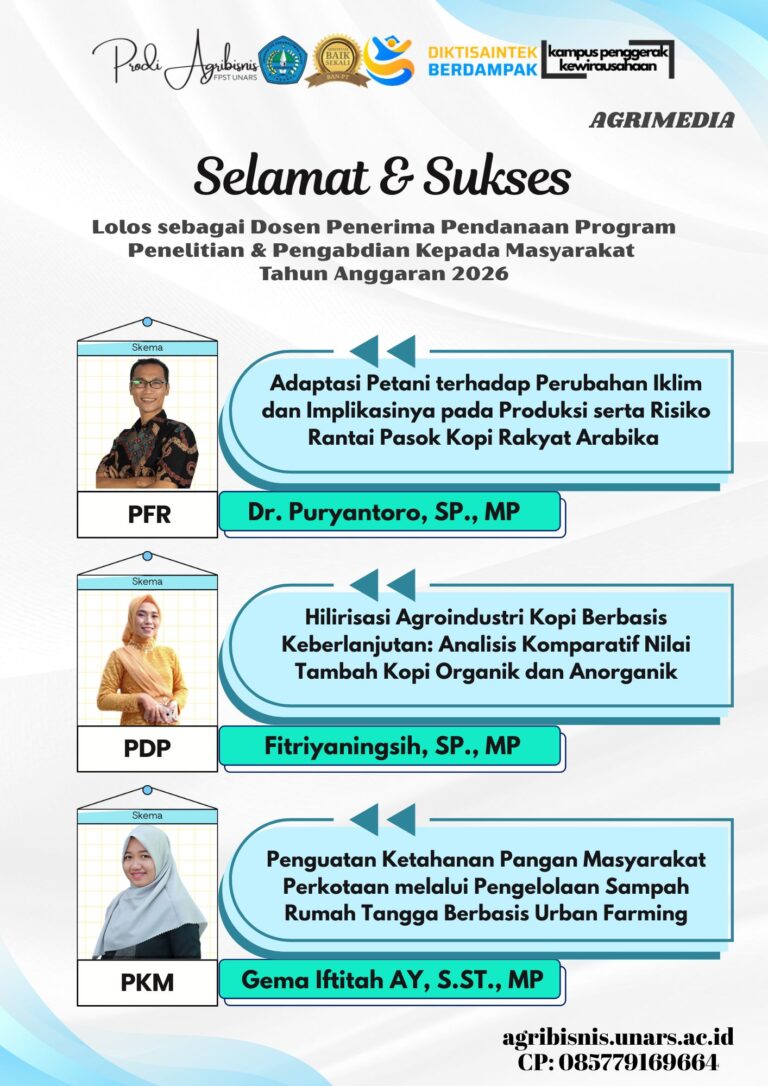 Selamat & Sukses Kepada Dosen Penerima Pendanaan Penelitian & PKM TA 2026 (Prodi Agribisnis)